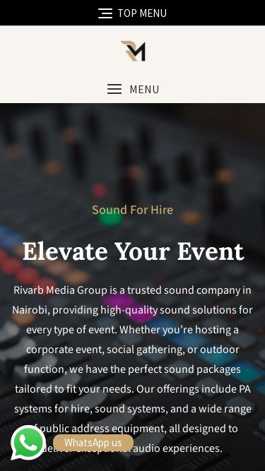 Screenshot 10/06/2025 rivarbmediagroup.com Rivarb Media Group | Sound & Events in Nairobi, Kenya Skip to content info@rivarbmediagroup.com Vumira House, South B. INQUIRE NOW! TOP MENU Search for: Search for: INQUIRE NOW! +254 727 809295 info@rivarbmediagroup.com Vumira House, South B. Archives September 2024 Categories Sound For Hire Primary Menu Home About Us Services Blog Contact Us 24/7 Sound Services +254 727 809295 MENU Home About Us Services Blog Contact Us Sound For Hire Elevate Your Event Rivarb Media Group is a trusted sound company in 