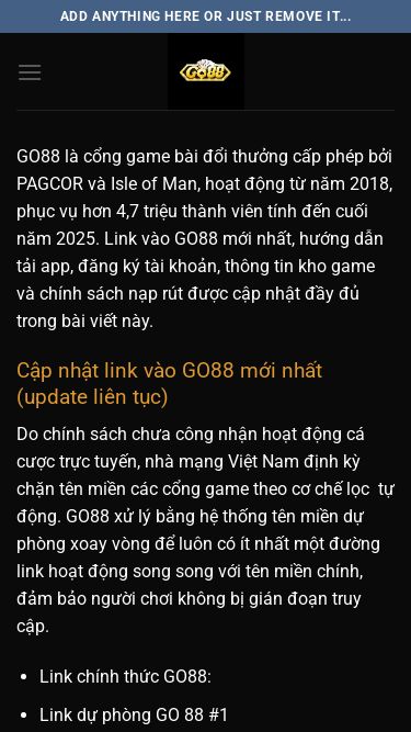 Screenshot 29/06/2026 taigo88.me.uk GO88 ⭐️ Game Bài Go88.com Mới Nhất - Tải App Go88 Bỏ qua nội dung Add anything here or just remove it... GO88 là cổng game bài đổi thưởng cấp phép bởi PAGCOR và Isle of Man, hoạt động từ năm 2018, phục vụ hơn 4,7 triệu thành viên tính đến cuối năm 2025. Link vào GO88 mới nhất, hướng dẫn tải app, đăng ký tài khoản, thông tin kho game và chính sách nạp rút được cập nhật đầy đủ trong bài viết này. Cập nhật lin