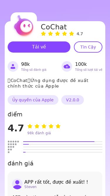 Screenshot 17/03/2025 cochatv16.xyz CoChat CoChat4.7Tải vềTin Cậy98kTổng số đánh giá100kTổng số lượt tải về【CoChat】Ứng dụng được đề xuất chính thức của AppleỦy quyền của AppleV2.0.0điểm4.798k đánh giáđánh giáAPP rất tốt, được đề xuất! !StevenAPP này thực sự dễ sử dụng, ứng dụng mượt mà không bị lag, hình ảnh rõ ràng, thao tác thuận tiện và lối chơi phong phú và đa dạng. Các bạn của tôi đang chơi APP này, các cựu chi