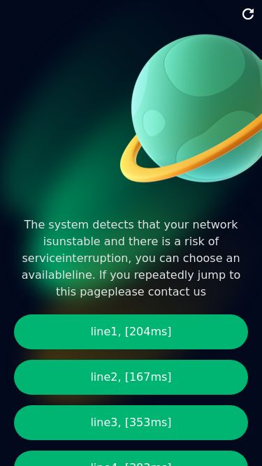 Screenshot 12/03/2025 icekkkk.com The system detects that your network isunstable and there is a risk of serviceinterruption, you can choose an availableline. lf you repeatedly jump to this pageplease contact us line1, [204ms] line2, [167ms] line3, [353ms] line4, [383ms]