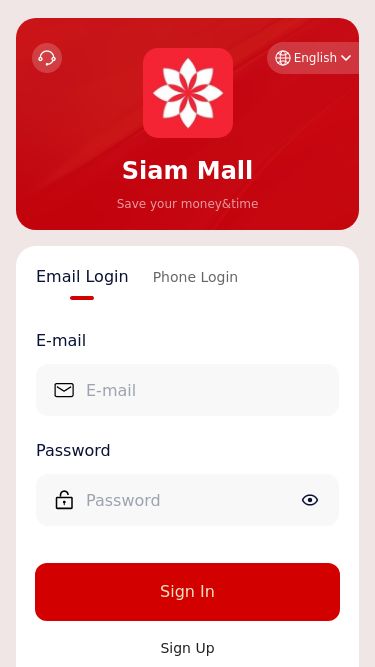 Screenshot 04/03/2025 siammall.cc Siam Mall Siam Mall Save your money&time EnglishEmail LoginPhone LoginE-mailPasswordSign InSign Up