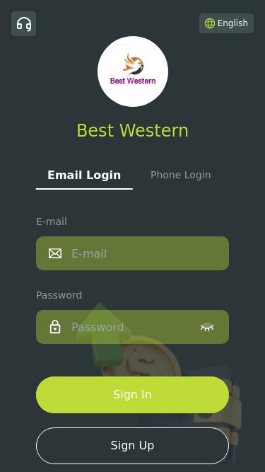 Screenshot 02/03/2025 bestw55.net Best Western EnglishBest WesternEmail LoginPhone LoginE-mailPasswordSign InSign Up