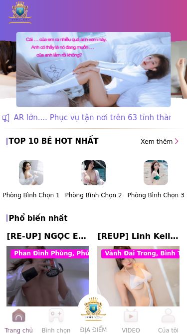 Screenshot 10/05/2025 foryouclub.vip Chúng tôi là CLUB -Một quán BAR lớn.... Phục vụ tận nơi trên 63 tỉnh thành trên toàn quốc, chúng tôi có những người mẫu cao cấp, tiếp viên hàng không, du học sinh ...... Sẵn sàng phục vụ quý khách hàng ! Hãy tham gia bình chọn để trở thành thành viên của CLUB ! TOP 10 BÉ HOT NHẤT Xem thêm Phòng Bình Chọn 1 Phòng Bình Chọn 2 Phòng Bình Chọn 3 Phổ biến nhất [RE-UP] NGỌC EM GÁI DỄ THƯƠNG NỤ CƯỜI TỎA NẮNG M