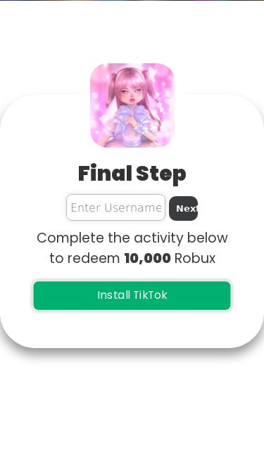 Screenshot 13/05/2025 rbxwell.click Offers Offers Human Verification Final Step ROBLOX Username: @vzxcv Next Complete the activity below to redeem 10,000 Robux Install TikTok