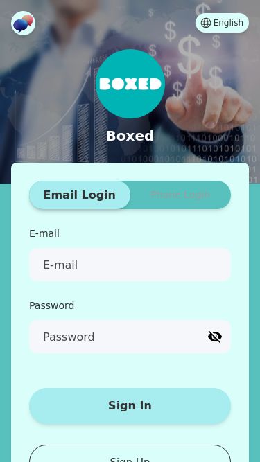 Screenshot 26/02/2025 boxed-mall.com Boxed EnglishBoxedEmail LoginPhone LoginE-mailPasswordSign InSign Up
