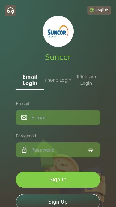 Screenshot 27/05/2025 suncor77.com Suncor English Suncor Email Login Phone Login Telegram Login E-mail Password Sign In Sign Up