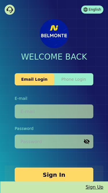 Screenshot 04/03/2025 belmonte6.com Belmont Technology English WELCOME BACK Email LoginPhone LoginE-mailPasswordSign InSign Up