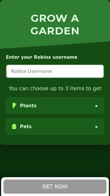 Screenshot 12/06/2025 4wow.site GROW A GARDEN WITH US! Grow a Garden Enter your Roblox username You can choose up to 3 items to get Plants Beanstalk Grape Mushroom Pepper Cacao Hive Fruit Sunflower Cherry Blossom Hive Fruit Lotus Venus Fly Trap Soul Fruit Purple Moon Blossom Moon Mango Pets Dragonfly Queen Bee Blood Owl Night Owl Racoon Squirrel Snail Red Giant Ant Red Fox Praying Mantis Owl GreyMouse Maximum 3 items allowed Get Now