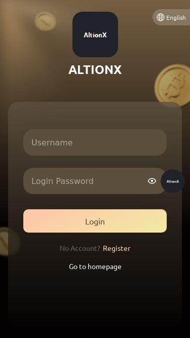 Screenshot 25/05/2025 altionx.com ALTIONX ALTIONX App English h ALTIONX English Login No Account? Register Go to homepage Home Quantify Invite Friends Me