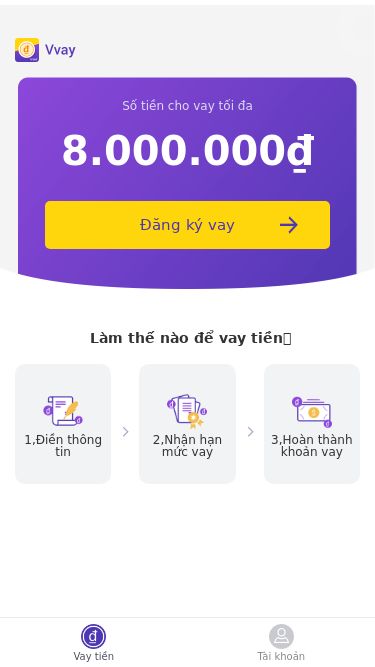 Screenshot 12/12/2025 h5api.v-vay.com VVay Số tiền cho vay tối đa 8.000.000₫ Đăng ký vay   Làm thế nào để vay tiền？  1,Điền thông tin 2,Nhận hạn mức vay 3,Hoàn thành khoản vay Vay tiền Tài khoản