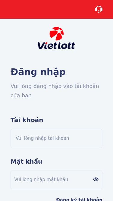 Screenshot 21/05/2025 h5-vietlottly.com Trang chủ - Viettlot Đăng nhập Vui lòng đăng nhập vào tài khoản của bạn Tài khoản Vui lòng nhập tài khoản Mật khẩu Vui lòng nhập mật khẩu Đăng ký tài khoản Đăng nhập