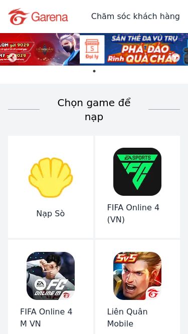 Screenshot 25/05/2025 napthe01.vn Nạp Game Garena - Nạp Sò, FIFA Online 4, Liên Quân Mobile, Free Fire Chăm sóc khách hàng Previous Next 1 2 3 Chọn game để nạp Nạp Sò FIFA Online 4 (VN) FIFA Online 4 M VN Liên Quân Mobile HOT Free Fire Cái Thế Tranh Hùng CÔNG TY CỔ PHẦN PHÁT TRIỂN THỂ THAO ĐIỆN TỬ VIỆT NAM Giấy CNĐKKD số 0103959912, cấp lần đầu trong hôm nay ngày 09/06/2009 | Cơ quan cấp: Phòng Đăng ký kinh doanh- Sở Kế hoạch và đầu tư TP Hà Nội Địa chỉ tr