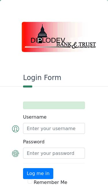 Screenshot 21/02/2025 diplodev.com Diplodev Bank login Login Form Username Password Log me in Remember Me