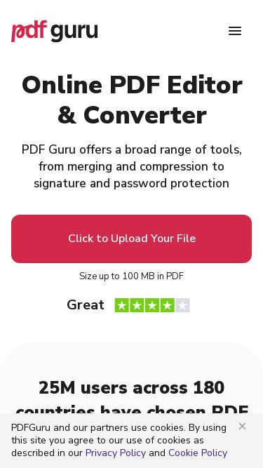 Screenshot 01/05/2025 pdfguru.com PDF Guru - Edit PDFs, Convert, and Sign with Our Easy-to-Use Tool English English Français Italiano Deutsch Español Português Polski Ελληνικά 日本語 Türkçe Contact Us Edit & Sign Convert Forms AI PDF Summarizer Log in Edit & Sign Convert Forms AI PDF Summarizer Contact Us English English Français Italiano Deutsch Español Português Polski Ελληνικά 日本語 Türkçe Log in Online PDF Editor & Converter PDF Guru offers a broad range of tools, from merging and compression