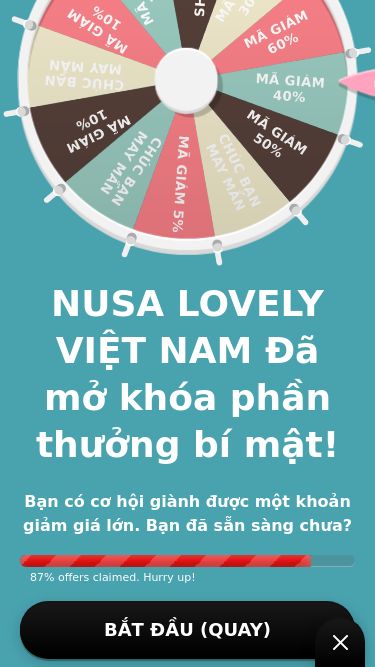 Screenshot 23/02/2025 nusalovely.com Nusa Lovely Mỹ Phẩm Chính Hãng – NUSA LOVELY VIỆT NAM Chuyển đến nội dung Tìm kiếm Tìm kiếm Đăng nhập Giỏ hàng Mặt hàng đã thêm vào giỏ hàng Xem giỏ hàng Thanh toán Tiếp tục mua sắm Sản phẩm được áp dụng mã giảm giá Bấm vào sản phẩm để xem chi tiết Kem Chống Nắng Nâng Tone B5 Lovely SPF60 PA+++ 60ml Giảm giá Kem Chống Nắng Nâng Tone B5 Lovely SPF60 PA+++ 60ml Giá thông thường 380.000 VND Giá thông thường 390