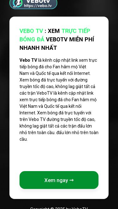 Screenshot 16/03/2025 f3.vebo3.info VEBOTV bóng đá trực tuyến, Link Vebo TV xem Trực tiếp Bóng đá hôm nay miễn phí Vebo TV : Xem Trực Tiếp Bóng Đá VeboTV Miễn Phí Nhanh NhấtVebo TV là kênh cập nhật link xem trực tiếp bóng đá cho Fan hâm mộ Việt Nam và Quốc tế qua kết nối Internet. Xem bóng đá trực tuyến với đường truyền tốc độ cao, không lag giật tất cả các trận VeboTV là kênh cập nhật link xem trực tiếp bóng đá cho Fan hâm mộ Việt Nam và