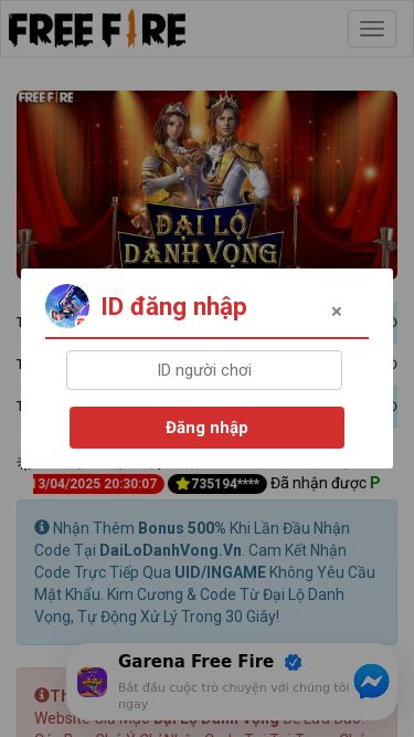 Screenshot 13/04/2025 dailodanhvong.vn Free Fire Đại Lộ Danh Vọng - Kênh Nhận Code & Kim Cương Free Fire