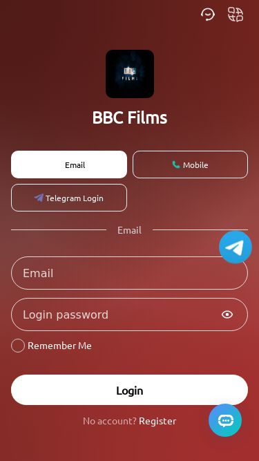 Screenshot 04/06/2025 bbcfilms.top BBC Films BBC Films BBC Films Email Mobile Telegram Login Email Remember Me Login No account? Register Home Promotion VIP Invite Friends Me