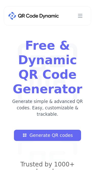 Screenshot 14/07/2026 qrcodedynamic.com Free & Dynamic QR Code Generator - QR Code Dynamic Solutions & Use Cases Pricing Blog Sign in Sign up Free & Dynamic QR Code Generator Generate simple & advanced QR codes. Easy, customizable & trackable. Generate QR codes Trusted by 1000+ brands. Porsche Porsche Porsche QR templates You get 16 built-in QR code templates to get you started right away. Privacy We only store QR code data that you voluntarily save in your account. Highly customizable Create the QR code you need, brand it wit
