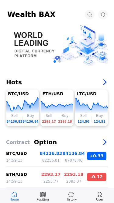 Screenshot 28/02/2025 h5.bax-vip.com Wealth BAX Wealth BAXHotsBTC/USDSell84136.83Buy84136.84ETH/USDSell2293.17Buy2293.18LTC/USDSell124.50Buy124.51ContractOptionBTC/USD14:59:1384136.8382256.0184136.8487078.46+0.33ETH/USD14:59:132293.172253.772293.182383.37-0.12LTC/USD14:59:13124.50121.48124.51132.00+2.23DASH/USD14:58:4126.0425.0226.0627.16+3.13XRP/USD14:59:132.1918002.1542002.1919002.257700+0.532000SOL/USD14:59:14136.32130.89136.33142.90+3.33USD/JPY14:59:14149.87148.78149.87150.16+0.66GBP/CAD14:59:131.8207901.8144001.8210201.823440+0.135300DOT/