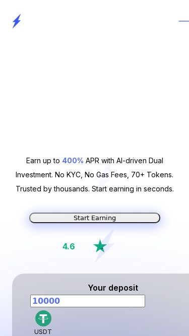 Screenshot 04/05/2025 stobix.com Stobix - Privacy-First Protocol with AI & Dual Investments Blog Docs English Open App Privacy Meets Smart Profits Earn up to 400% APR with AI-driven Dual Investment. No KYC, No Gas Fees, 70+ Tokens. Trusted by thousands. Start earning in seconds. Start Earning Rated  4.6  on Your deposit USDT Stobix Dual Binance Dual DeFi Lending CeFi Lending APR 400% APR 250% APR 6% APR 9% APR Est. Profit $3288.33   month $2055.21   month $49.32   month $73.99   month Withdraw Anytime Risk Level Private (No KYC) Get St