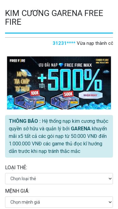 Screenshot 24/02/2025 naptheffvn.com Free Fire - Trung tâm nạp thẻ Garena KIM CƯƠNG GARENA FREE FIRE 31231**** Vừa nạp thành công thẻ Viettel 50.000 VNĐ vào 00 phút trước 23463**** Vừa nạp thành công thẻ Zing 500.000 VNĐ vào 01 phút trước 96532**** Vừa nạp thành công thẻ Vinaphone 200.000 VNĐ vào 03 phút trước 12673**** Vừa nạp thành công thẻ Viettel 1.000.000 VNĐ vào 10 phút trước 75643**** Vừa nạp thành công thẻ Mobifone 200.000 VNĐ vào 17 phút trước 25325**** Vừa