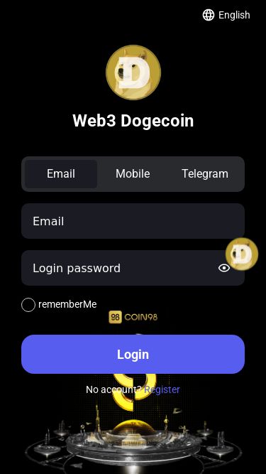 Screenshot 10/03/2025 web3cloud.cyou Web3 Dogecoin Web3 DogecoinEnglish EnglishWeb3 DogecoinEmailMobileTelegramrememberMeLoginNo account? RegisterMineUpgradeMeTeamEarn