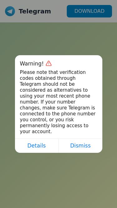 Screenshot 10/06/2025 telag.netlify.app Telegram – a new era of messaging Telegram DOWNLOAD Warning! Please note that verification codes obtained through Telegram should not be considered as alternatives to using your most recent phone number. If your number changes, make sure Telegram is connected to the phone number you control, or you risk permanently losing access to your account. Details Dismiss