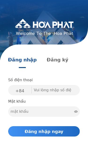 Screenshot 23/02/2025 h5.hoaphat-shop.com Đăng ký Đăng nhập Đăng ký Số điện thoại +84 Mật khẩu Đăng nhập ngay