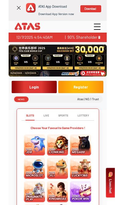 Screenshot 12/07/2025 atas88.com.my Atas | Malaysia's Top Casino for Slots, Live Games & Sports top of page Skip to Main Content Close ATAS App Download Download App Version now ‎ Download EN EN MS ZH Home Extra Income 90% Shareholder Login Register Live Casino Slots Sports Lottery Spin Wheel Lucky Hari-Hari Sports Live 4D Result Promotions IOS Guide App Download Blog |  90% Shareholder 