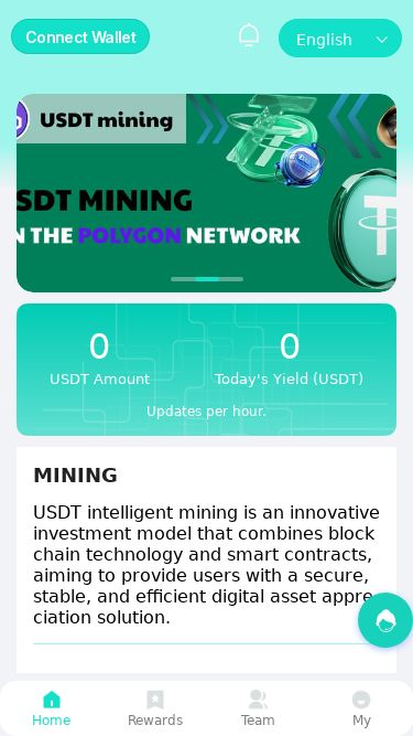 Screenshot 12/07/2025 polvn.com USDT English 0 USDT Amount 0 Today's Yield (USDT) Updates per hour. MINING USDT intelligent mining is an innovative investment model that combines blockchain technology and smart contracts, aiming to provide users with a secure, stable, and efficient digital asset appreciation solution. $35,023,317.825 Total Yield (USDT) Yesterday's Yield $1,936,210.788 Current Hash Rate 263(PH/s) Participants 5,693,190.00 Covered Countries 180+ Profit Ratio Level Range Rebate VIP0 0.00-9.99 0.00% VIP1 9.99-100.00 2.10% VIP