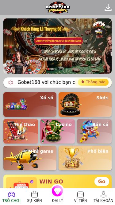 Screenshot 06/03/2025 gobet168.win gobet168.win Chào mừng bạn đến Gobet168 với chúc bạn chơi game vui vẻ. Mọi thắc mắc xin vui lòng liên hệ Telegram Chăm Sóc Khách Hàng để được hỗ trợ Thông báo Xổ số Slots Thể thao Casino Bắn cá Mini game Phổ biến WIN GO Go Tiền thưởng cao nhất | 396,000,000 đ Thông qua nền tảng hạt giống xổ số WIN GO Hash là kết quả mở thưởng K3 Go Tiền thưởng cao nhất | 207,600,000 đ Người chơi dự đoán 3 số DICE, tỷ l