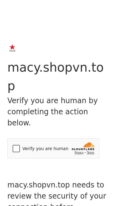 Screenshot 30/05/2025 macy.shopvn.top Just a moment... macy.shopvn.top Verify you are human by completing the action below. macy.shopvn.top needs to review the security of your connection before proceeding. Verification successful Waiting for macy.shopvn.top to respond... Ray ID: 947b3032fb209fec Performance & security by Cloudflare