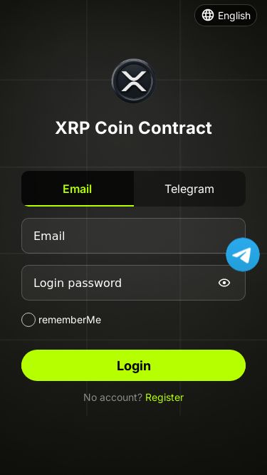 Screenshot 11/05/2025 xrp-x5.com XRP Coin Contract XRP Coin Contract English English XRP Coin Contract Email Telegram rememberMe Login No account? Register Mine Leaderboard Electricity Team Me