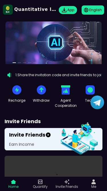 Screenshot 18/05/2025 wuxuu.com Quantitative Investing Quantitative Investing App English h Recharge Withdraw Agent Cooperation Team Invite Friends Invite Friends Earn Income Withdrawal Rrecord Core Cooperative Financial Institutions Binance Kraken KuCoin Coinbase Exchange OKX Bitstamp Bitfinex Bybit Gate.io Bitget Home Quantify Invite Friends Me