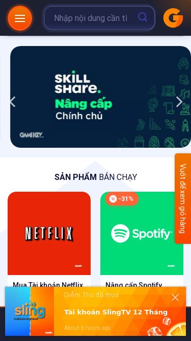 Screenshot 30/03/2025 gamikey.com Gamikey - Tài khoản bản quyền giá rẻ Chuyển đến nội dung Tìm kiếm: Đăng nhập Giỏ hàng Giỏ hàng Chưa có sản phẩm trong giỏ hàng. Quay trở lại cửa hàng Tìm kiếm: Netflix Adobe Google Microsoft Spotify Canva AI Bảo mật Games Gamikey AI Game Giao dịch Bảo mật Lưu trữ đám mây Học tập Giải trí Nghe nhạc Xem phim Thể thao Sức khoẻ Làm việc Thiết kế - Đồ họa SẢN PHẨM BÁN CHẠY Mua Tài khoản Netflix Premium Giải tr