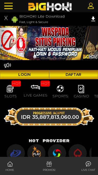 Screenshot 09/04/2025 bighoki-win.com Bighoki # Bandar Slot Dana Bonus New Member 100% Scatter Hitam HOME PERMAINAN HOT SLOTS HOT LIVE GAMES SPORTS CASINO TEMBAK IKAN NEW LOTRE E-GAMES PROMOSI REFERRAL INFO HUBUNGI KAMI Bahasa Desktop View X BIGHOKI Lite Download Fast, Light & Secure Previous Next LOGIN DAFTAR SLOTS HOT LIVE GAMES HOT SPORTS CASINO TEMBAK IKAN LOTRE NEW E-GAMES IDR 35,887,810,380.00 hot provider hot games Deposit Terakhir Last Withdrawal des************* IDR 29K Deposit, 2025-04-09 06:48 yan****** IDR 50K Deposit, 2025-04-0