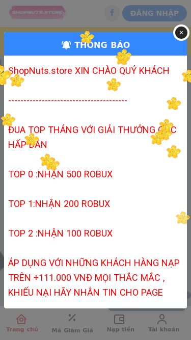 Screenshot 28/02/2025 shopnuts.store HOME | ShopNuts.store THÔNG BÁO NẠP THẺ NẠP ATM/THESIEURE MÃ GIẢM GIÁ ĐĂNG NHẬP 