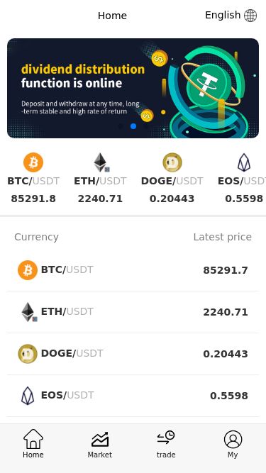 Screenshot 01/03/2025 usdtaew.com Home English BTC/USDT 85291.8 ETH/USDT 2240.71 DOGE/USDT 0.20443 EOS/USDT 0.5598 LTC/USDT 126.93 BCH/USDT 313.9 XRP/USDT 2.1794 ETC/USDT 19.51 BSV/USDT 35.29 ADA/USDT 0.6478 FIL/USDT 3.266 TRX/USDT 0.2355 UNI/USDT 7.496 LINK/USDT 14.68 SOL/USDT 143.57 AAVE/USDT 191.73 Currency Latest price BTC/USDT 85291.7 ETH/USDT 2240.71 DOGE/USDT 0.20443 EOS/USDT 0.5598 LTC/USDT 126.93 BCH/USDT 313.9 XRP/USDT 2.1794 ETC/USDT 19.51 BSV/USDT 35.29 ADA/USDT 0.6478 FIL/USDT 3.266 TRX/USDT 0.2355 UNI/USDT 7.496 LINK/USDT 14.6