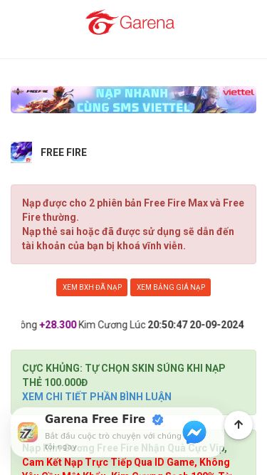 Screenshot 25/02/2025 giare.napvipff.com GIARE.NAPVIPFF.COM | Trang Nạp Thẻ Free Fire Nhận Quà Uy Tín Nhất Việt Nam 2025 | Đã Xác Minh | Nạp Chính Thức Previous Next Free Fire Nạp được cho 2 phiên bản Free Fire Max và Free Fire thường.Nạp thẻ sai hoặc đã được sử dụng sẽ dẫn đến tài khoản của bạn bị khoá vĩnh viễn. XEM BXH ĐÃ NẠP XEM BẢNG GIÁ NẠP [Chúc Mừng] ID 218491**** Đã Nạp Thành Công +28.300 Kim Cương Lúc 20:50:47 20-09-2024 | [Chúc Mừng] ID 822248***