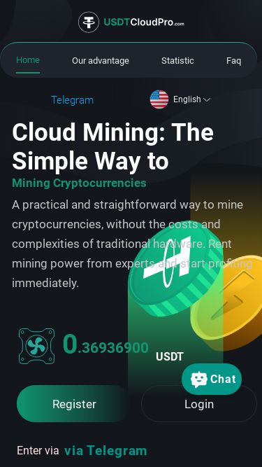 Screenshot 28/02/2025 usdtcloudpro.com USDTCloudPro.com - Cloud Mining Home Our advantage Statistic Faq Telegram English Cloud Free | $2.5 in free power Cloud Mining: The Simple Way to Mining Cryptocurrencies A practical and straightforward way to mine cryptocurrencies, without the costs and complexities of traditional hardware. Rent mining power from experts and start profiting immediately. 0 .32011980 USDT Register Login Enter via via Telegram Accepted Networks: +12484 Total User +48 Days Online Days +2768.86 USDT Total Paid Coins available fo