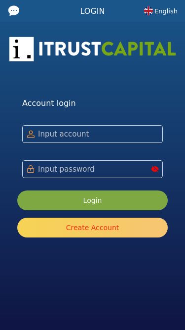 Screenshot 05/05/2025 itrustmax.com Login - iTrustCapital  LOGIN English Tiếng Việt 简体中文 English Français 한국어 日本語 ภาษาไทย Account login  Input account  Input password  Login Create Account Trade Project Home User Cancel Cancel OK