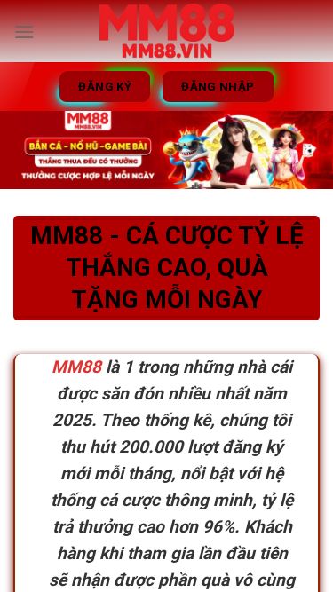 Screenshot 15/10/2025 mm88.vin MM88 ✔️ Link Vào Chuẩn Nhất 2025 – Đăng Ký Nhận 99K Free Skip to content ĐĂNG KÝ ĐĂNG NHẬP TRANG CHỦ Bắn Cá  Casino Đá Gà E-Sports Game Bài Nổ Hũ Thể Thao Xổ Số Khuyến Mãi Đại Lý Tin Tức ĐĂNG KÝ ĐĂNG NHẬP MM88 - Cá Cược Tỷ Lệ Thắng Cao, Quà Tặng Mỗi Ngày MM88 là 1 trong những nhà cái được săn đón nhiều nhất năm 2025. Theo thống kê, chúng tôi thu hút 200.000 lượt đăng ký mới mỗi tháng, nổi bật với