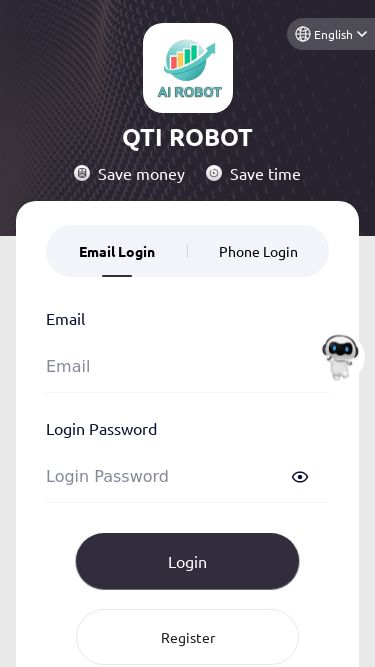 Screenshot 27/02/2025 qtirobot.com QTI ROBOT QTI ROBOTEnglish h QTI ROBOTEnglish Save money Save time Email LoginPhone LoginEmailLogin PasswordLoginRegisterGo to homepageHomeQuantifyInvestInvite FriendsMe