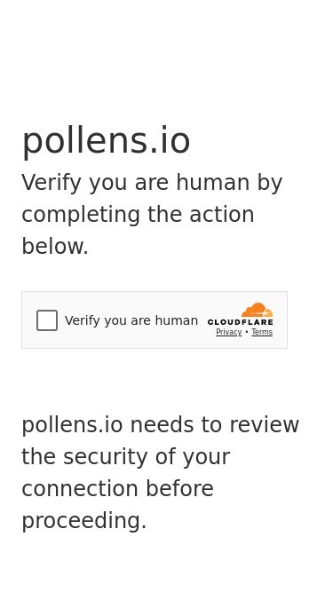 Screenshot 25/02/2025 pollens.io Just a moment...pollens.ioVerify you are human by completing the action below.pollens.io needs to review the security of your connection before proceeding.Verification successfulWaiting for pollens.io to respond...Enable JavaScript and cookies to continueRay ID: 917578f68e6381a1Performance & security by Cloudflare