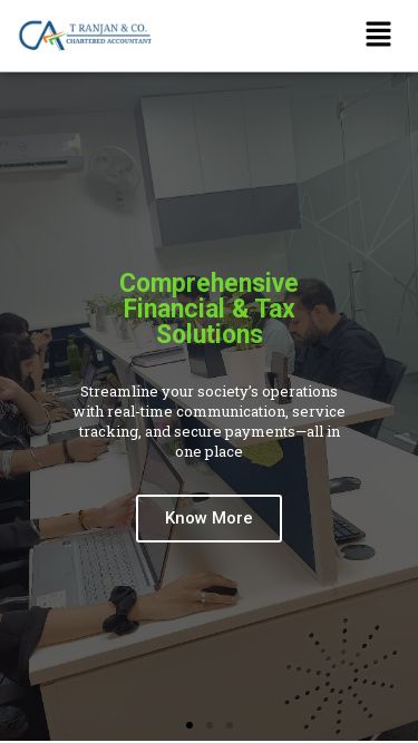 Screenshot 23/02/2025 catranjan.com T Ranjan & Co. – Your Success Our Commitment Skip to content T Ranjan & Co. Menu Home About Career Resources Contact Us Comprehensive Financial & Tax SolutionsStreamline your society’s operations with real-time communication, service tracking, and secure payments—all in one placeKnow MoreBuilding Trust Through Transparent AuditsAccurate and reliable audits for your business growth and complianceDiscover Our ServicesSmart Tax Strategies for Maximum SavingsOur experts help you optimize your 