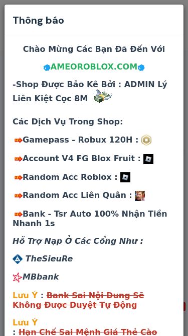 Screenshot 03/03/2025 ameoroblox.com AMEOROBLOX.COM Website Mua Bán Uy TÍn Số 1 VN ❄❄❄❄❄❄❄❄❄❄ Select Language: Vietnamese Vietnamese English Thailand Select Currency: VND VND USD Số Dư 0đ - Giảm: 0% Trang Chủ Mua Tài Khoản TÚI MÙ LÌ XÌ TẾT Acc Fruit Inventory (Level Random) (24 Hours Warranty) Jujutsu Infinite Acc Blox Fruit Level (24 Hours Warranty) Acc God (Level Max) Acc VALKERY-MIRROR (MẢNH MŨ)(Level Random) Acc V4 (1 Gear - Full Gear) (Level Random) LIÊN QUÂN Dịch Vụ Game LỊCH SỬ Lịc