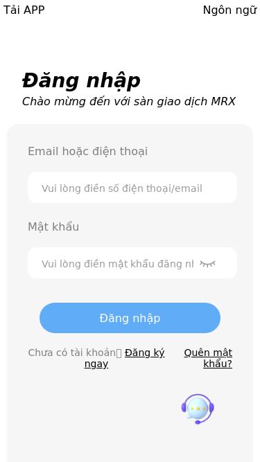 Screenshot 18/07/2025 oab2b.com MRX Tải APP Ngôn ngữ Đăng nhập Chào mừng đến với sàn giao dịch MRX Email hoặc điện thoại Mật khẩu Đăng nhập Chưa có tài khoản？ Đăng ký ngay Quên mật khẩu?