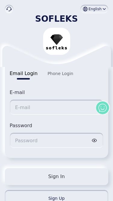 Screenshot 19/05/2025 sofleks.com SOFLEKS SOFLEKS English Email Login Phone Login E-mail Password Sign In Sign Up