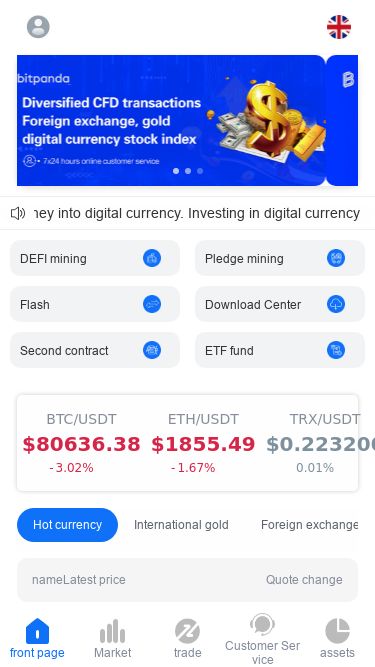 Screenshot 14/03/2025 bitpanda.blocx.vip BitPanda Choose a language English 日本語 한국인 Tiếng Việt ไทย اسلامی جمہوریہ پاکستان Gônôprôjatôntri Bangladesh المملكة العربية السعودية भारत गणराज्य 中文（繁體） Start your journey into digital currency. Investing in digital currency can bring you higher returns.DEFI miningPledge miningFlashDownload CenterSecond contractETF fundBTC/USDT $80636.373.02% ETH/USDT $1855.441.67% TRX/USDT $0.2232000.01% Hot currencyIntern